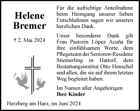 Traueranzeige von Helene Bremer von Harz Kurier