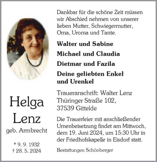 Traueranzeige von Helga Lenz von Harz Kurier