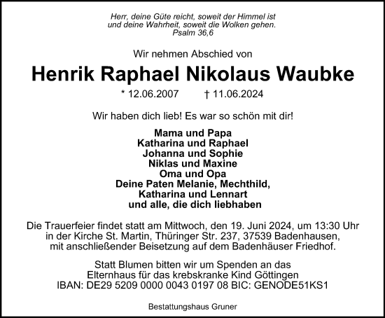 Traueranzeige von Henrik Waubke von Harz Kurier