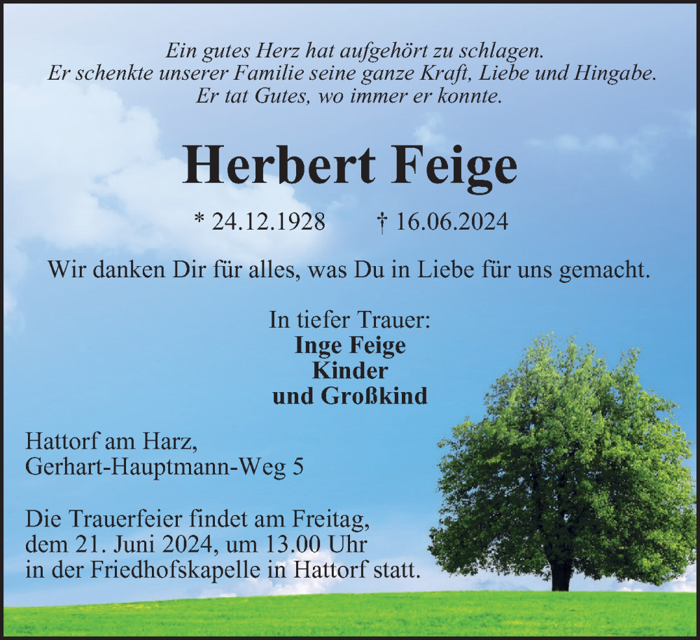  Traueranzeige für Herbert Feige vom 19.06.2024 aus Harz Kurier