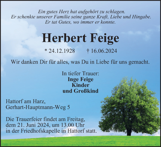 Traueranzeige von Herbert Feige von Harz Kurier
