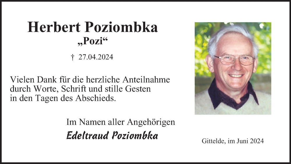  Traueranzeige für Herbert Poziombka vom 15.06.2024 aus Harz Kurier