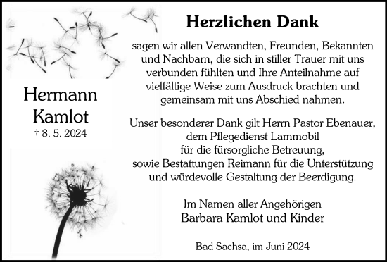 Traueranzeige von Hermann Kamlot von Harz Kurier