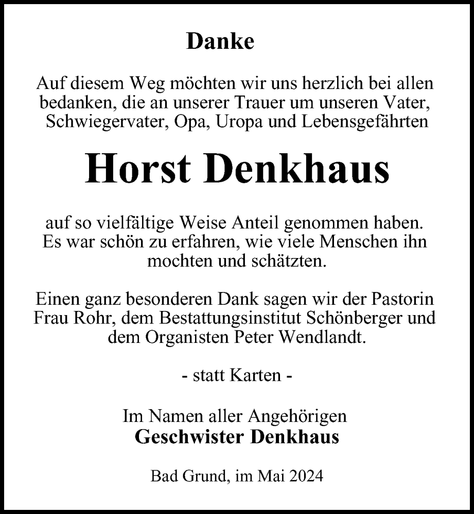  Traueranzeige für Horst Denkhaus vom 01.06.2024 aus Harz Kurier