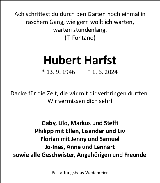 Traueranzeige von Hubert Harfst von Harz Kurier