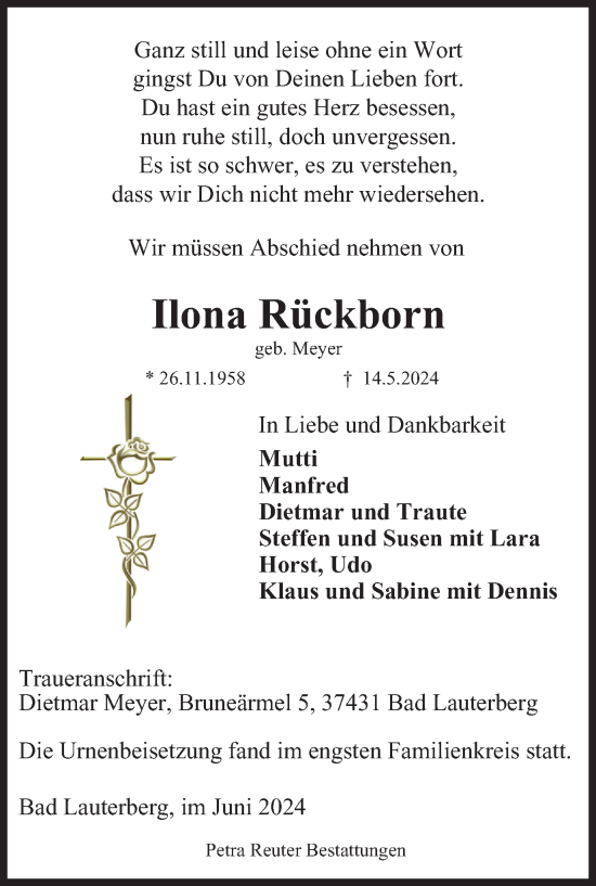 Traueranzeige von Ilona Rückborn von Harz Kurier