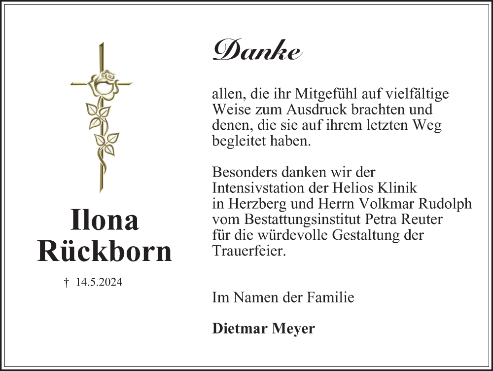  Traueranzeige für Ilona Rückborn vom 22.06.2024 aus Harz Kurier