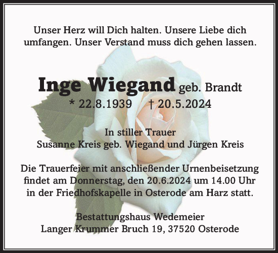 Traueranzeige von Inge Wiegand von Harz Kurier