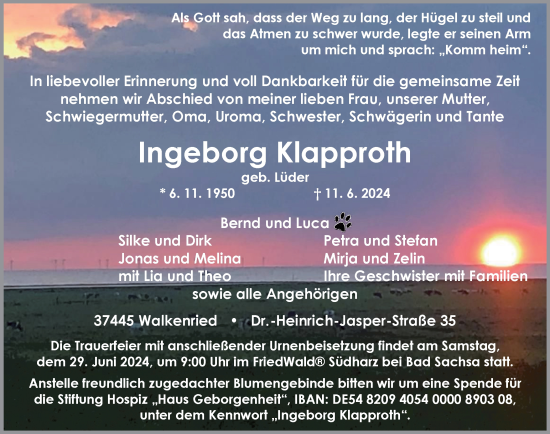 Traueranzeige von Ingeborg Klapproth von Harz Kurier