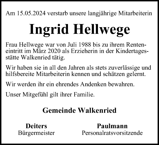 Traueranzeige von Ingrid Hellwege von Harz Kurier