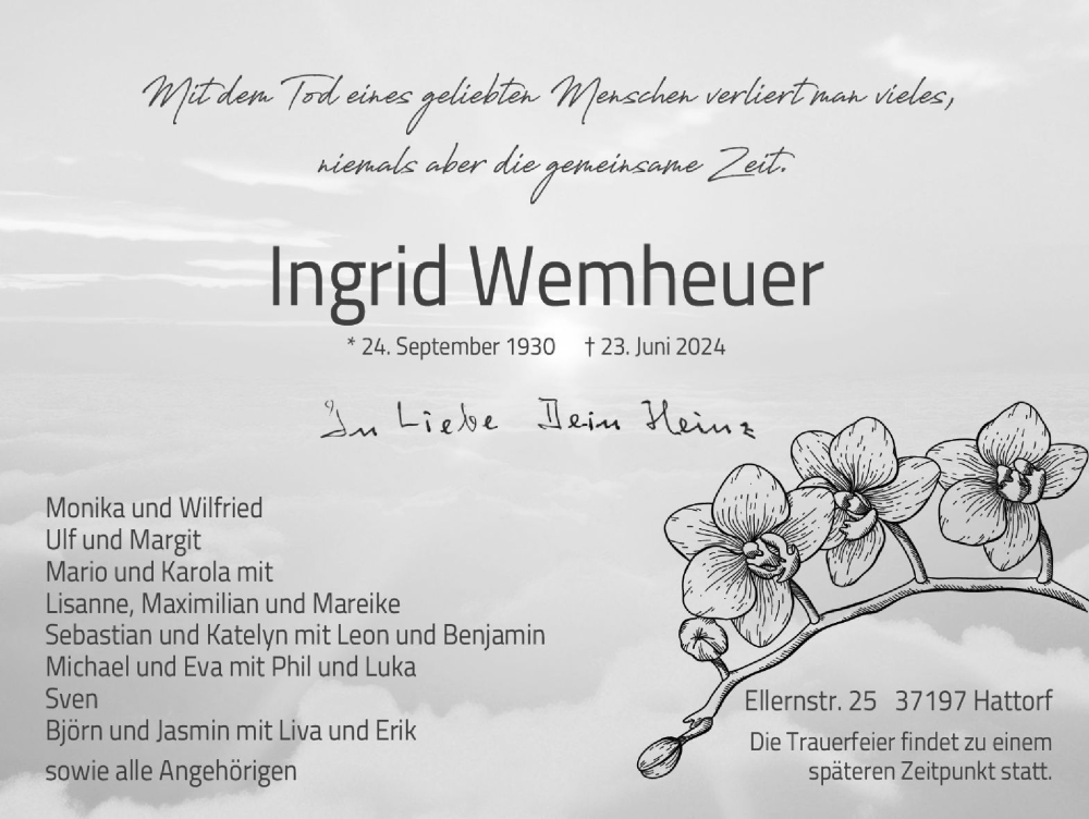  Traueranzeige für Ingrid Wemheuer vom 29.06.2024 aus Harz Kurier