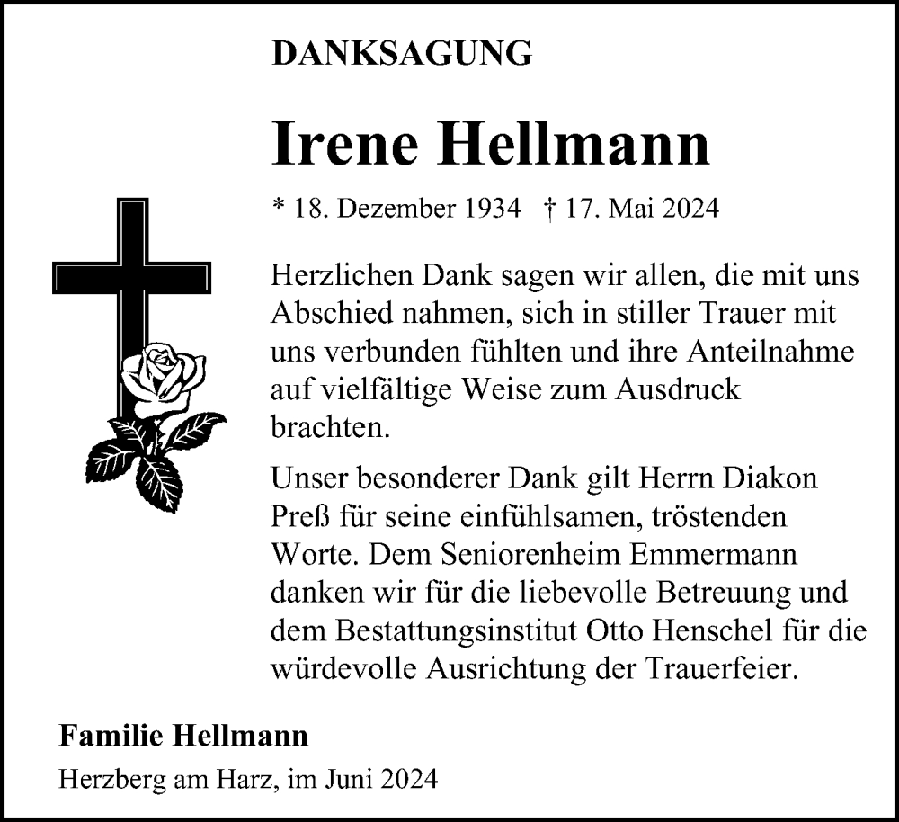 Traueranzeige für Irene Hellmann vom 08.06.2024 aus Harz Kurier