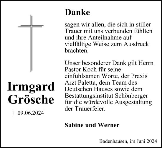 Traueranzeige von Irmgard Grösche von Harz Kurier