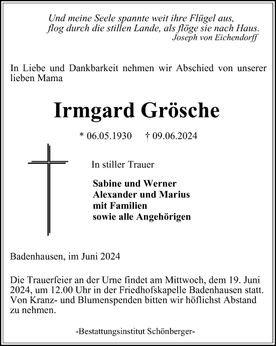 Traueranzeige von Irmgard Grösche von Harz Kurier
