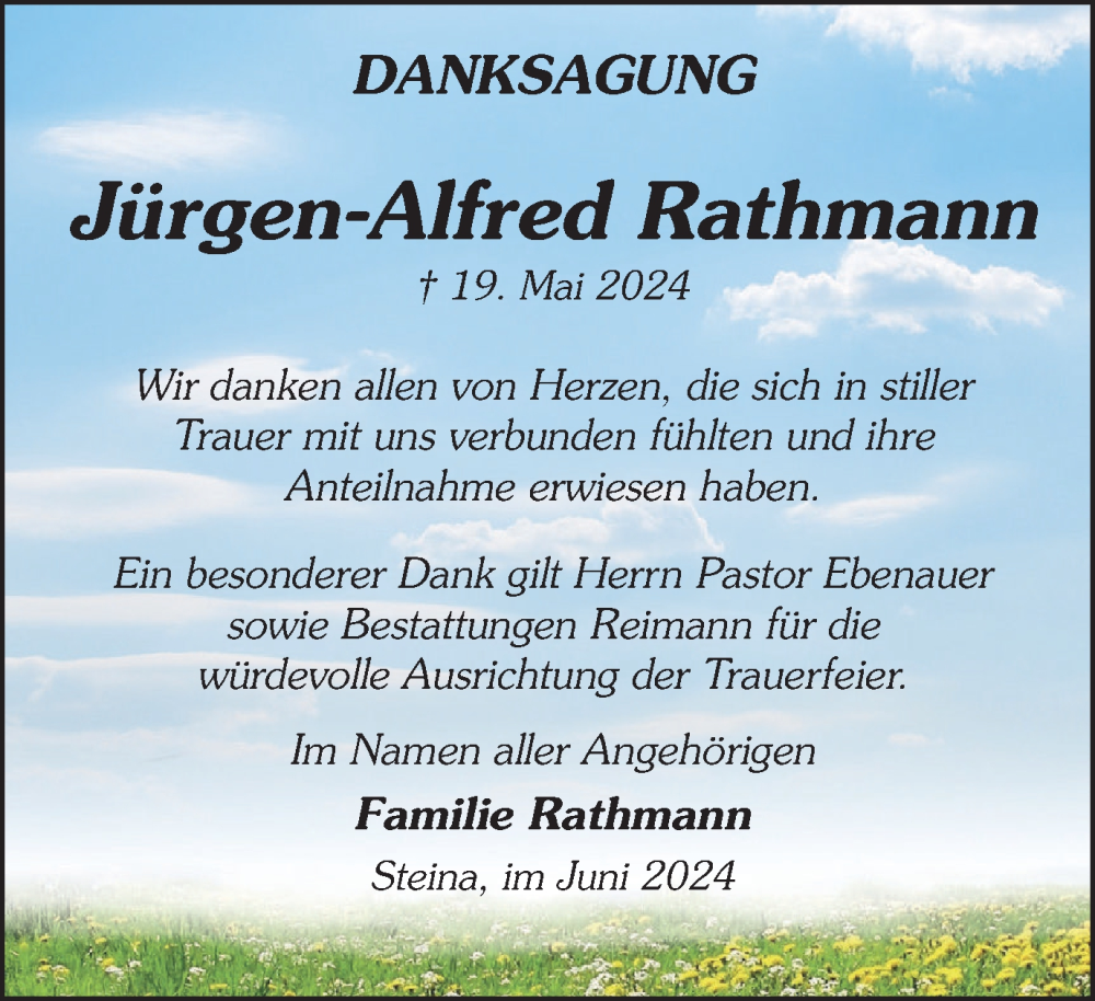  Traueranzeige für Jürgen-Alfred Rathmann vom 08.06.2024 aus Harz Kurier