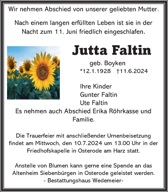 Traueranzeige von Jutta Faltin von Harz Kurier