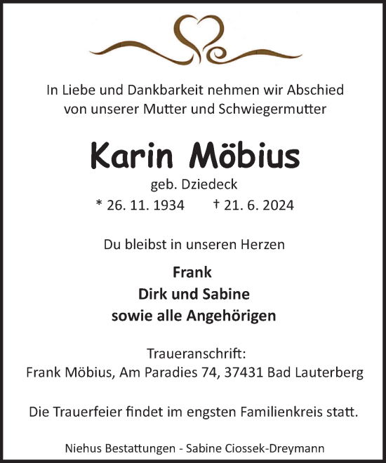 Traueranzeige von Karin Möbius von Harz Kurier