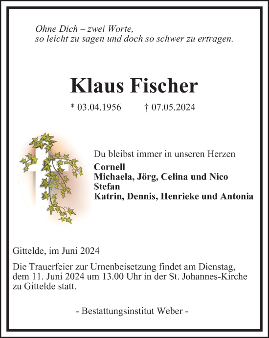 Traueranzeige von Klaus Fischer von Harz Kurier