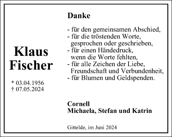 Traueranzeige von Klaus Fischer von Harz Kurier