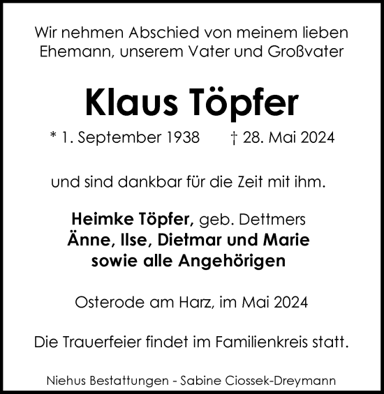 Traueranzeige von Klaus Töpfer von Harz Kurier