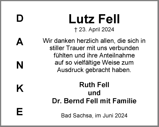 Traueranzeige von Lutz Fell von Harz Kurier
