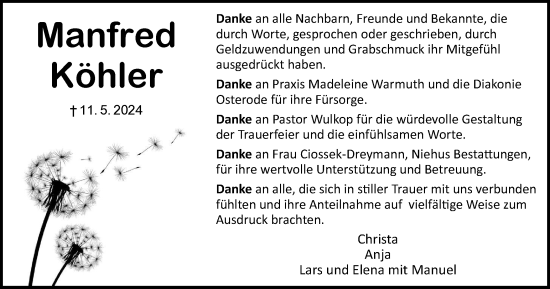 Traueranzeige von Manfred Köhler von Harz Kurier