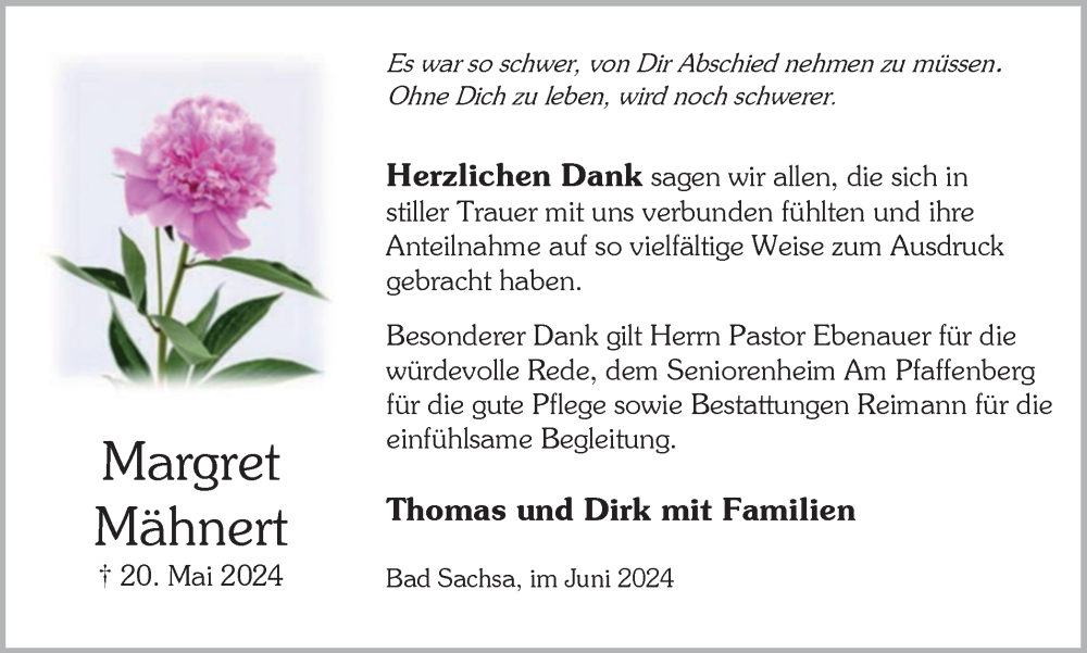  Traueranzeige für Margret Mähnert vom 15.06.2024 aus Harz Kurier