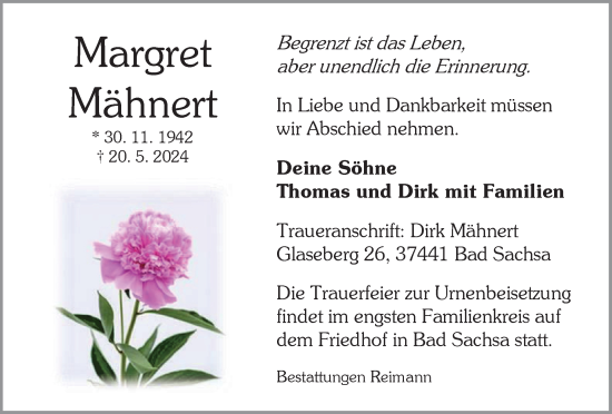 Traueranzeige von Margret Mähnert von Harz Kurier