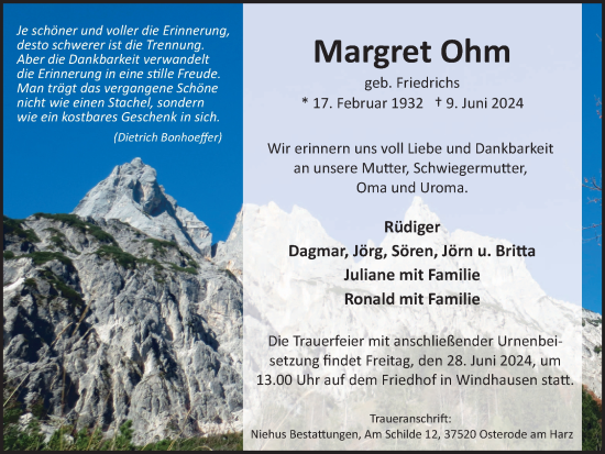 Traueranzeige von Margret Ohm von Harz Kurier
