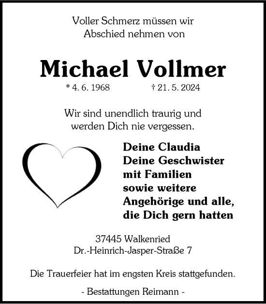 Traueranzeige von Michael Vollmer von Harz Kurier