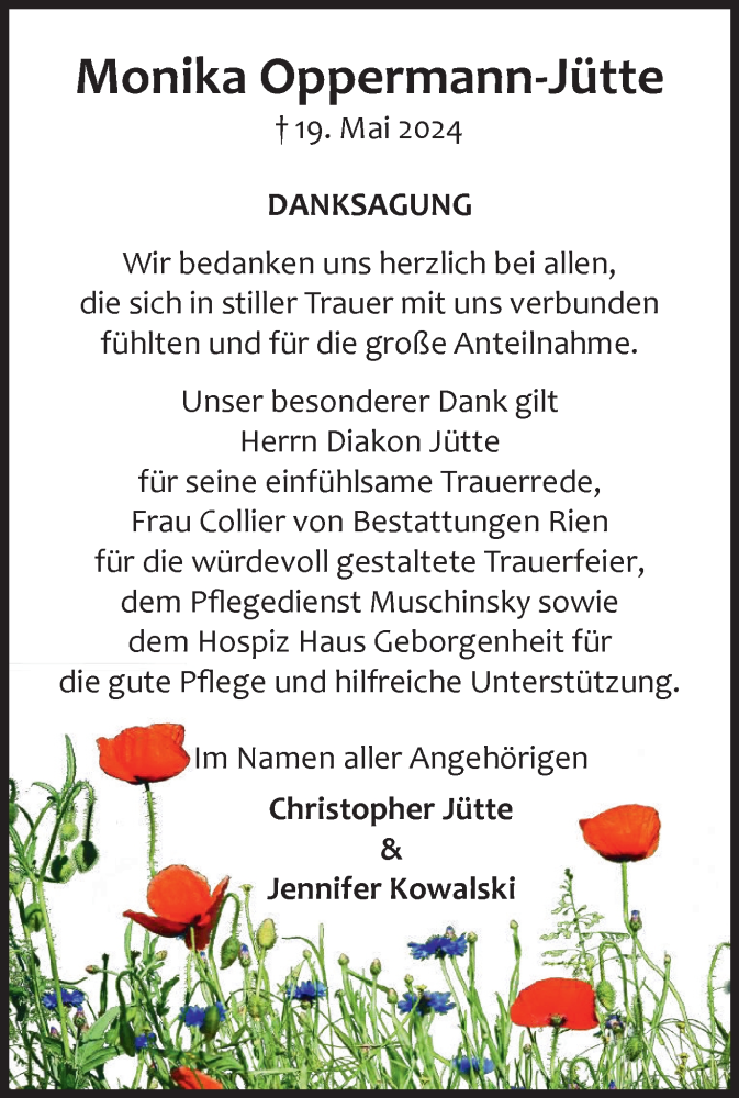  Traueranzeige für Monika Oppermann-Jütte vom 22.06.2024 aus Harz Kurier