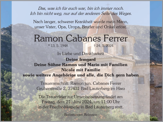 Traueranzeige von Ramon Cabanes Ferrer von Harz Kurier
