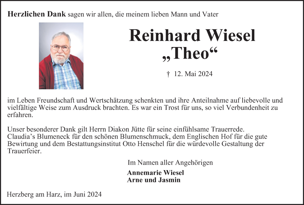  Traueranzeige für Reinhard Wiesel vom 20.06.2024 aus Harz Kurier