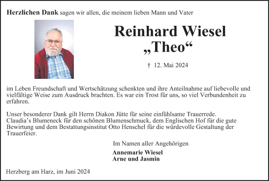 Traueranzeige von Reinhard Wiesel von Harz Kurier