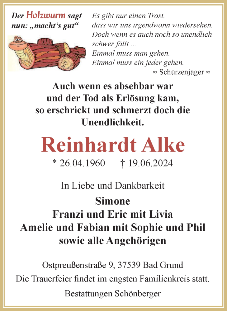  Traueranzeige für Reinhardt Alke vom 29.06.2024 aus Harz Kurier