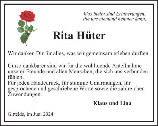 Traueranzeige von Rita Hüter von Harz Kurier