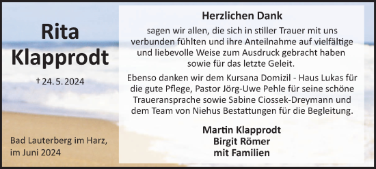 Traueranzeige von Rita Klapprodt von Harz Kurier