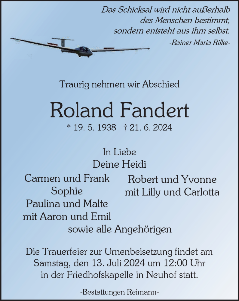  Traueranzeige für Roland Fandert vom 29.06.2024 aus Harz Kurier