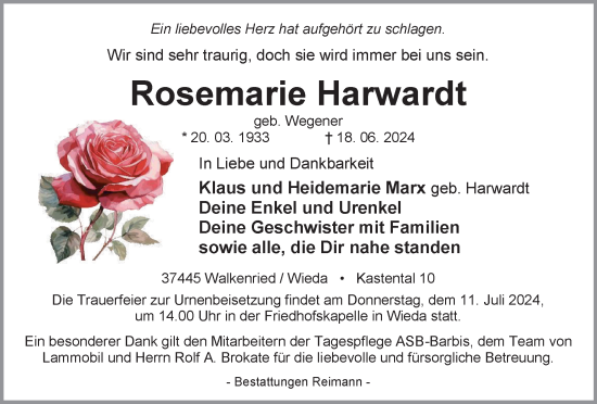 Traueranzeige von Rosemarie Harwardt von Harz Kurier
