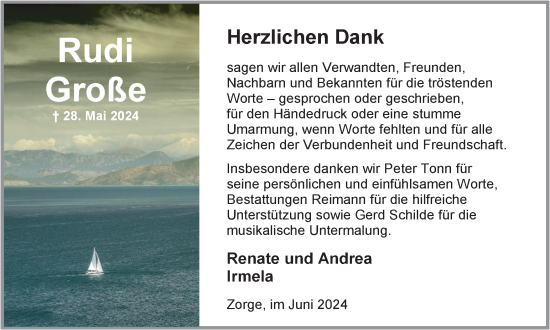 Traueranzeige von Rudi Große von Harz Kurier
