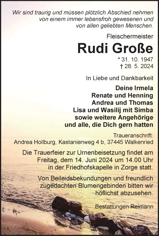 Traueranzeige von Rudi Große von Harz Kurier