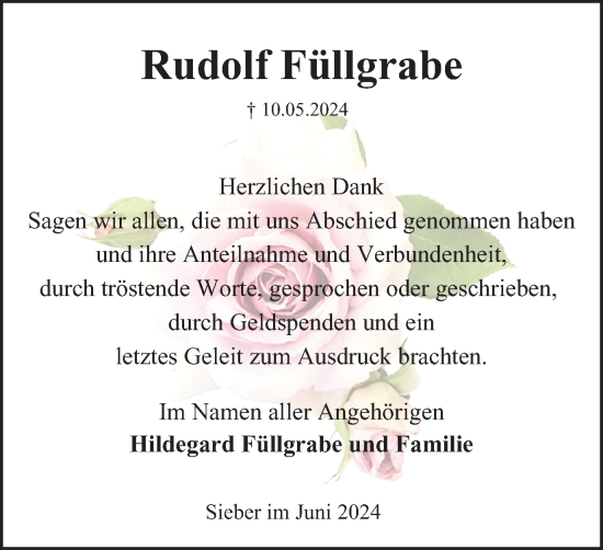 Traueranzeige von Rudolf Füllgrabe von Harz Kurier