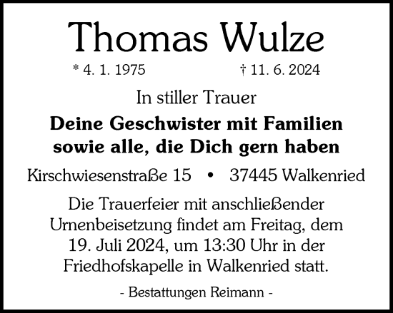 Traueranzeige von Thomas Wulze von Harz Kurier