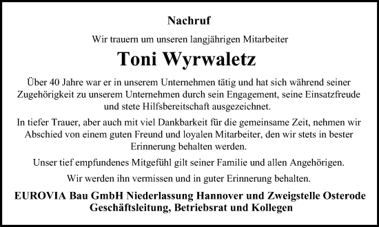Traueranzeige von Toni Wyrwaletz von Harz Kurier