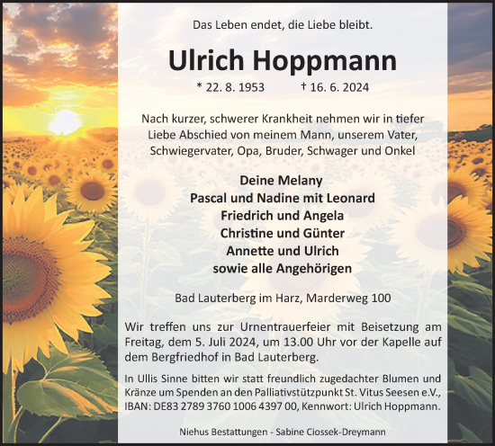 Traueranzeige von Ulrich Hoppmann von Harz Kurier