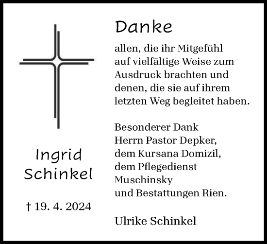 Traueranzeige von Ulrike Schinkel von Harz Kurier