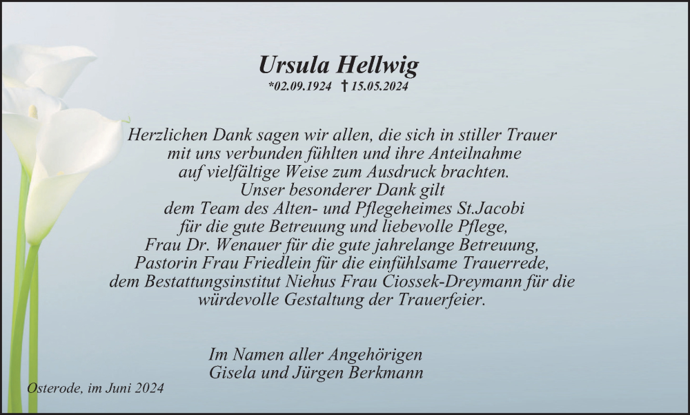  Traueranzeige für Ursula Hellwig vom 22.06.2024 aus Harz Kurier