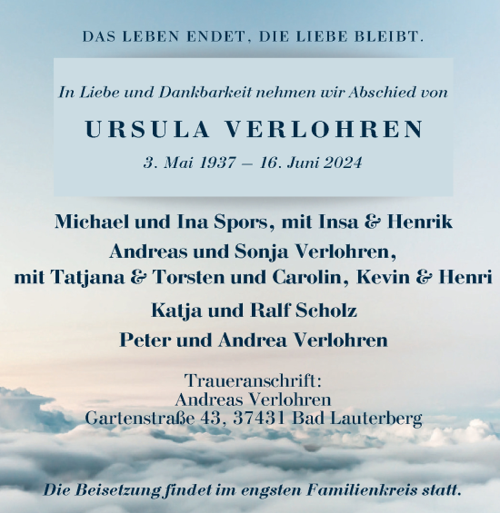 Traueranzeige von Ursula Verlohren von Harz Kurier