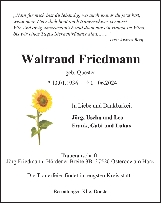 Traueranzeige von Waltraud Friedmann von Harz Kurier