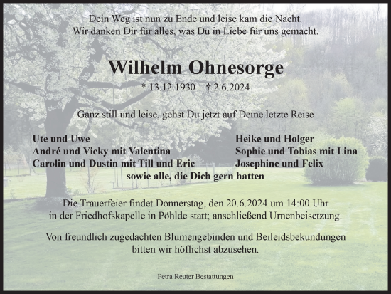 Traueranzeige von Wilhelm Ohnesorge von Harz Kurier
